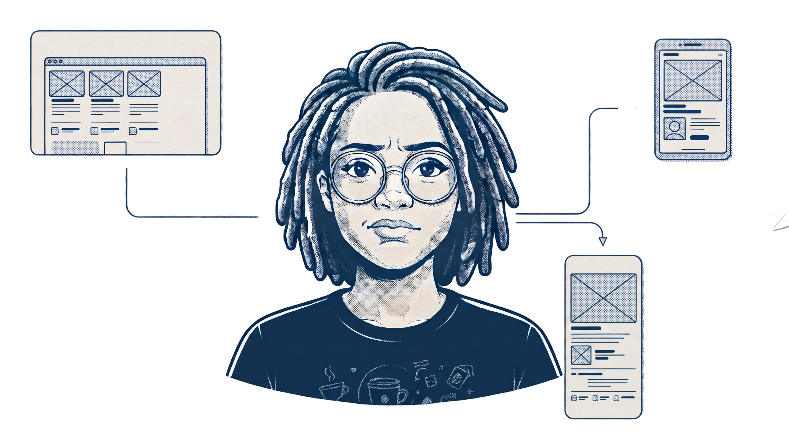 Illustration of Sophie surrounded by wireframe screens