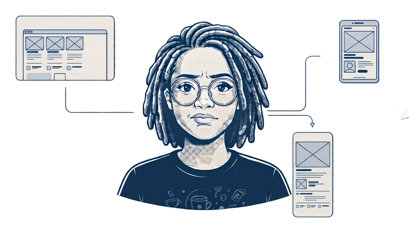 Illustration of Sophie surrounded by wireframe screens