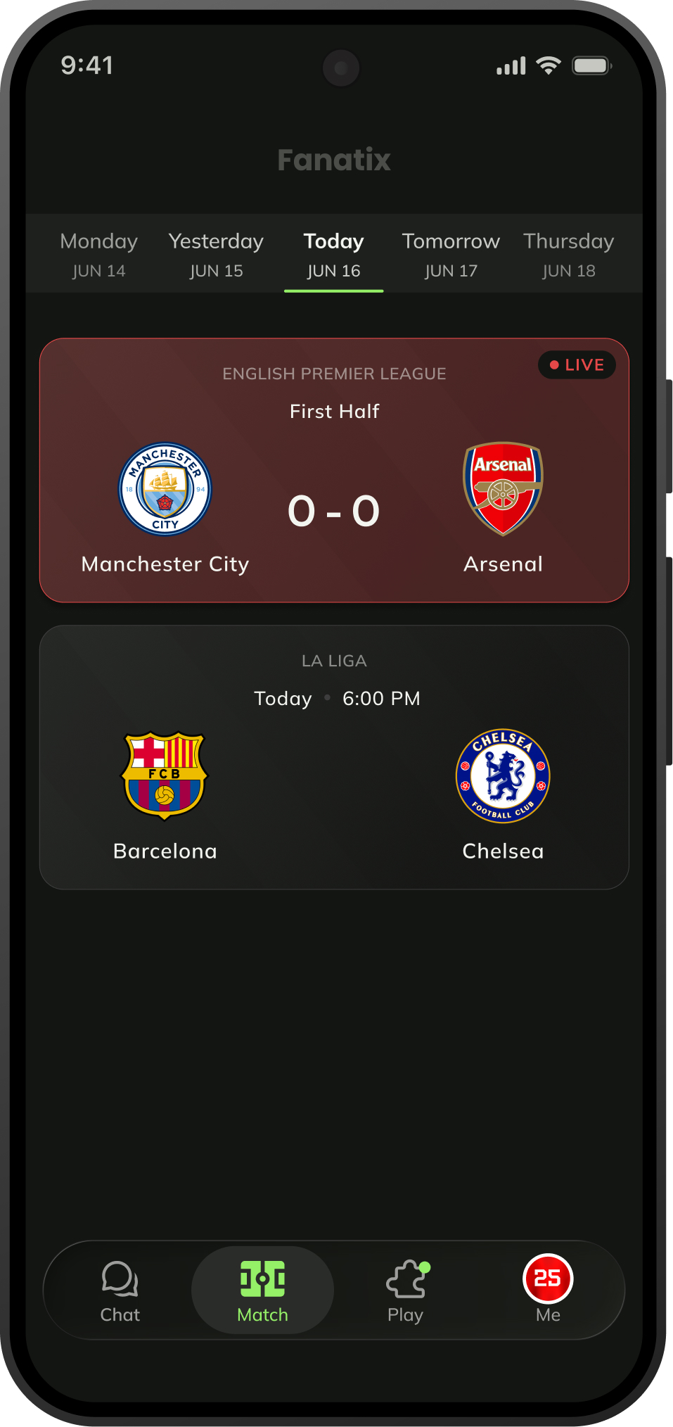 Fanatix home screen showing live match scores