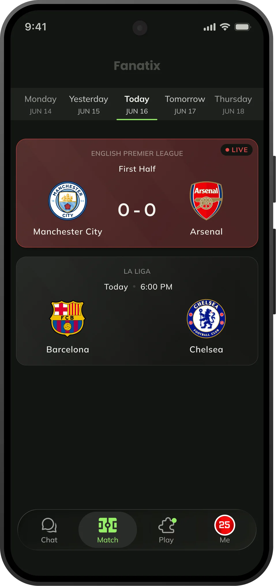 Fanatix home screen showing live match scores