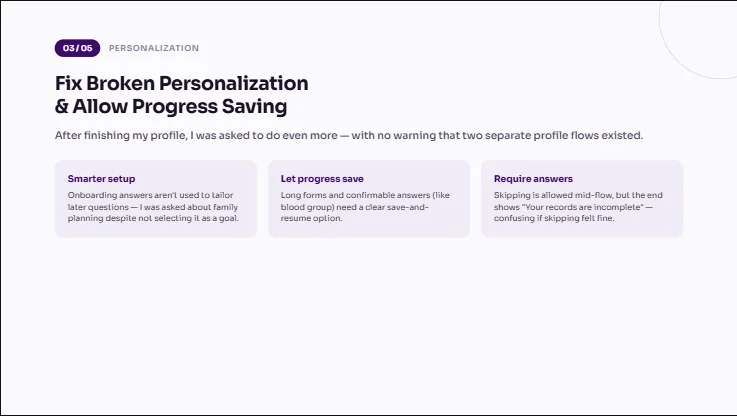Audit finding 3 of 5: fix broken personalization and allow progress saving