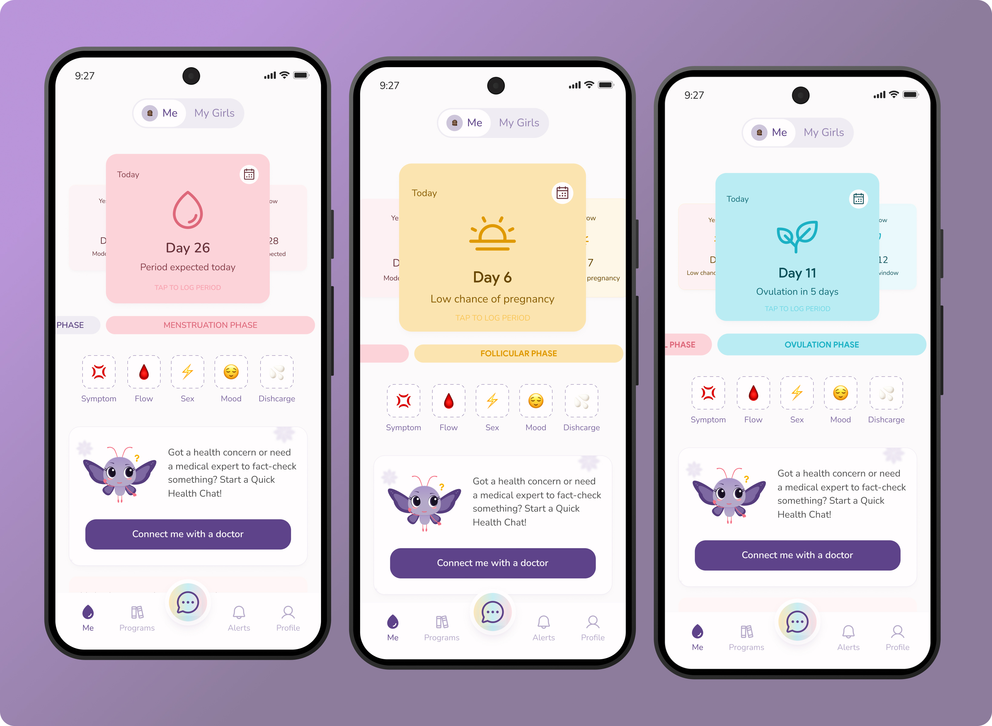Fertitude period tracker hero mockup across three phases